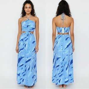 NWT Blue Asymmetrical Ruffled‎ Halter Sundress Summer Cruise Date Dress Sz M